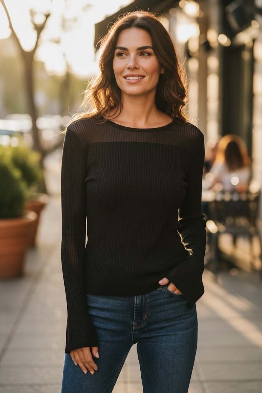 NWT PrettyLittleThing Black Sheer Soft Rib Longline Flared Sleeve Top